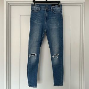 All Saints High-Waisted Blue Skinny Jeans w/ Ripped Knees